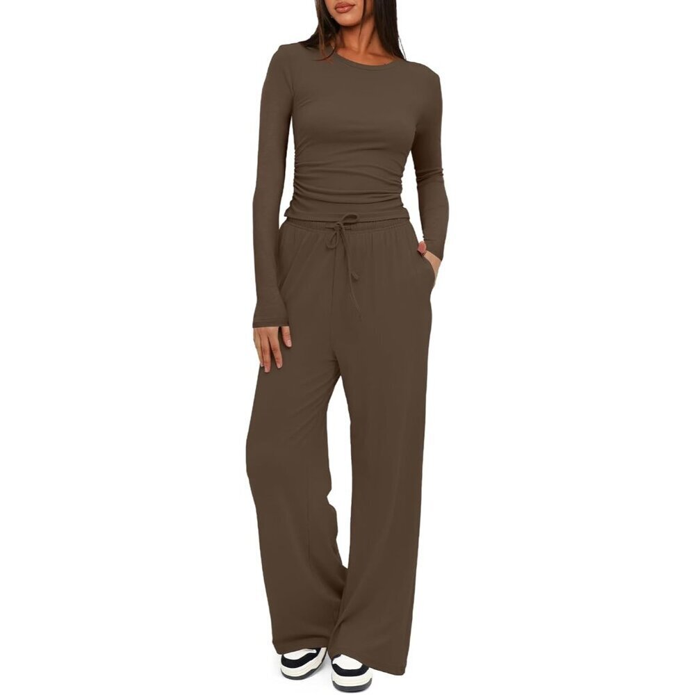 Women's 2 Piece Lounge Set Rayon Spandex Fall Casual Crop & Wide Leg Pants